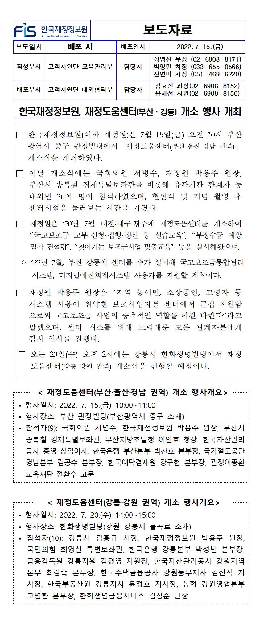 한국재정정보원, 재정도움센터(부산·강릉] 개소 행사 개최 한국재정정보원(이하 재정원)은 7월 15일(금) 오전 10시 부산 광역시 중구 관정빌딩에서 「재정도움센터(부산·울산·경남 권역)」 개소식을 개최하였다. 이날 개소식에는 국회의원 서병수, 재정원 박용주 원장, 부산시 송복철 경제특별보좌관을 비롯해 유관기관 관계자 등 내외빈 20여 명이 참석하였으며, 현판식 및 기념 촬영 후 센터시설을 둘러보는 시간을 가졌다. 재정원은 '20년 7월 대전·대구·광주에 재정도움센터를 개소하여 국고보조금 교부신청·집행·정산 등 실습교육, 부정수급 예방 밀착 컨설팅, 찾아가는 보조금사업 맞춤교육 등을 실시해왔으며, o '22년 7월, 부산·강릉에 센터를 추가 설치해 국고보조금통합관리 시스템, 디지털예산회계시스템 사용자를 지원할 계획이다. 재정원 박용주 원장은 “지역 농어민, 소상공인, 고령자 시스템 사용이 취약한 보조사업자를 센터에서 근접 지원함 으로써 사업의 중추적인 역할을 하길 바란다”라고 말했으며, 센터 개소를 위해 노력해준 모든 관계자분에게 감사 인사를 전했다. 오는 20일(수) 오후 2시에는 강릉시 한화생명빌딩에서 재정 도움센터(강릉·강원 권역) 개소식을 진행할 예정이다. [재정도움센터(부산·울산·경남 개소 행사개요] 행사일시: 2022. 7. 15.(금) 10:00~11:00 행사장소: 부산 관정빌딩(부산광역시 중구 소재) 참석자(9): 국회의원 서병수, 한국재정정보원 박용주 원장, 부산시 송복철 경제특별보좌관, 부산지방조달청 이인호 청장, 한국자산관리 공사 홍영 상임이사, 한국은행 부산본부 박찬호 본부장, 국가철도공단 영남본부 김공수 본부장, 한국예탁결제원 강구현 본부장, 관정이종환 교육재단 전환수 고문•< 재정도움센터(강릉·강원 권역) 개소 행사개요>행사일시: 2022. 7. 20.(수) 14:00~15:00행사장소: 한화생명빌딩(강원 강릉시 율곡로 소재) 참석자(10): 강릉시 김홍규 시장, 한국재정정보원 박용주 원장, 국민의힘 최영철 특별보좌관, 한국은행 강릉본부 박성빈 본부장, 금융감독원 강릉지원 김경영 지원장, 한국자산관리공사 강원지역 본부 최경숙 본부장, 한국주택금융공사 강원동부지사 김진석 지 사장, 한국부동산원 강릉지사 윤정호 지사장, 농협 강원영업본부 고명환 본부장, 한화생명금융서비스 김성준 단장