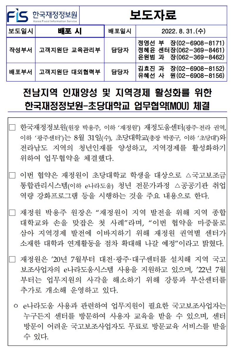 전남지역 인재양성 및 지역경제 활성화를 위한 한국재정정보원-초당대학교 업무협약(MOU) 체결
한국재정정보원(원장 박용주, 이하 '재정원) 재정도움센터(광주·전라 권역, 이하 '광주센터')는 8월 31일(수), 초당대학교(총장 박종구, 이하 '초당대')와 전라남도 지역의 청년인재를 양성하고, 지역경제를 활성화하기 위하여 업무협약을 체결했다.
이번 협약은 재정원이 초당대학교 학생을 대상으로 △국고보조금 통합관리시스템(이하 e나라도움) 청년 전문가과정 △공공기관 취업 역량 강화프로그램 등을 시행하는 것을 주요 내용으로 한다.
재정원 박용주 원장은 