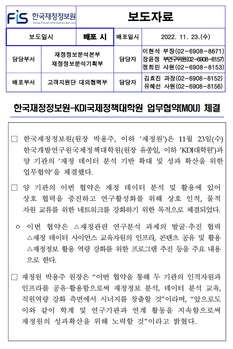 배포일시
2022. 11. 23.(수)
담당부서
재정정보분석본부 •재정정보분석기획부
이현석 부장(02-6908-8671) 담당자 장윤정 부연구위원(02-6908-8157) 정희민 사원 (02-6908-8153)
배포부서
고객지원단 대외협력부
담당자
김효진 과장(02-6908-8152) 유혜선 사원(02-6908-8156)
한국재정정보원-KDI국제정책대학원 업무협약(MOU) 체결
한국재정정보원(원장 박용주, 이하 재정원)은 11월 23일(수) 한국개발연구원국제정책대학원(원장 유종일, 이하 KDI대학원)과 양기관의 재정 데이터 분석 기반 확대 및 성과 확산을 위한 업무협약을 체결했다.
양 기관의 이번 협약은 재정 데이터 분석 및 활용에 있어 상호 협력을 증진하고 연구활성화를 위해 상호 인적, 물적 자원 교류를 위한 네트워크를 강화하기 위한 목적으로 체결되었다.
ᄋ 이번 협약은 △재정관련 연구분석 과제의 발굴·추진 협력 △재정 데이터 사이언스 교육자원의 인프라, 콘텐츠 공유 및 활용 △재정정보 활용 역량 강화를 위한 프로그램 추진 등을 주요 내용 으로 한다.
재정원 박용주 원장은 이번 협약을 통해 두 기관의 인적자원과 인프라를 공유·활용함으로써 재정정보 분석, 데이터 분석 교육, 직원역량 강화 측면에서 시너지를 창출할 것이라며, 앞으로도 이와 같이 학계 및 연구기관과 연계 활동을 지속함으로써 재정원의 성과확산을 위해 노력할 것이라고 밝혔다.