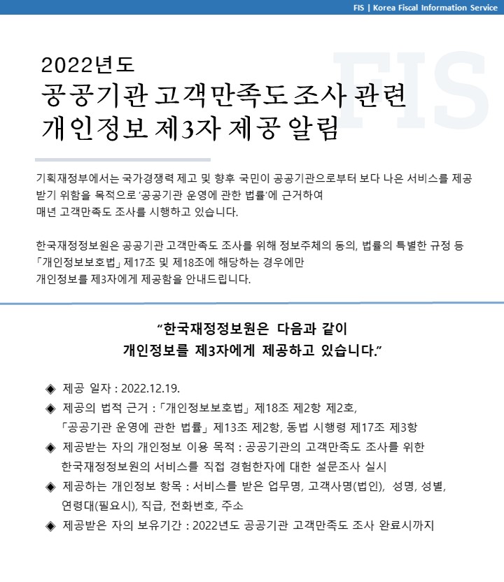 2022년도 공공기관 고객만족도 조사 관련 개인정보 제3자 제공 알림
기획재정부에서는 국가경쟁력 제고 및 향후 국민이 공공기관으로부터 보다 나은 서비스를 제공 받기 위함을 목적으로 공공기관 운영에 관한 법률에 근거하여 매년 고객만족도 조사를 시행하고 있습니다
한국재정정보원은 공공기관 고객만족도 조사를 위해 정보주체의 동의, 법률의 특별한 규정 등 「개인정보보호법」 제17조 및 제18조에 해당하는 경우에만 개인정보를 제3자에게 제공함을 안내드립니다
한국재정정보원은 다음과 같이 개인정보를 제3자에게 제공하고 있습니다
제공 일자 : 2022. 12. 19
제공의 법적 근거 :  「개인정보보호법」 제18조 제2항 제2호,  「공공기관 운영에 관한 법률」 제13조 제2항, 동법 시행령 제17조 제3항
제공받는 자의 개인정보 이용 목적 : 공공기관의 고객만족도 조사를 위한 한국재정정보원의 서비스를 직접 경험한자에 대한 설문조사 실
제공하는 개인정보 항목 : 서비스를 받는 업무명, 고객사명(법인), 성명, 성별, 연령대(필요시), 직급, 전화번호, 주소
제공받은 자의 보유기간 : 2022년도 공공기관 고객만족도 조사 완료시까지
