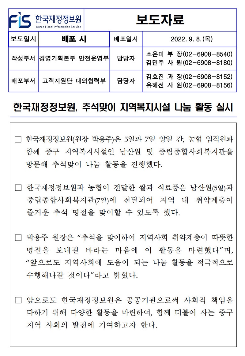 배포일시
보도자료
2022. 9. 8.(목)
작성부서 경영기획본부 안전운영부
담당자
배포부서 고객지원단 대외협력부
담당자
조은미 부장(02-6908-8540) 김민주 사원(02-6908-8180) 김효진 과장(02-6908-8152) 유혜선 사원(02-6908-8156)
한국재정정보원, 추석맞이 지역복지시설 나눔 활동 실시
한국재정정보원(원장 박용주)은 5일과 7일 양일 간, 농협 임직원과 함께 중구 지역복지시설인 남산원 및 중림종합사회복지관을 방문해 추석맞이 나눔 활동을 진행했다.
한국재정정보원과 농협이 전달한 쌀과 식료품은 남산원(5일)과 중립종합사회복지관(7일)에 전달되어 지역 내 취약계층이 즐거운 추석 명절을 맞이할 수 있도록 했다.
박용주 원장은 추석을 맞이하여 지역사회 취약계층이 따뜻한 명절을 보내길 바라는 마음에 이 활동을 마련했다며, “앞으로도 지역사회에 도움이 되는 나눔 활동을 적극적으로 수행해나갈 것이다라고 밝혔다.
앞으로도 한국재정정보원은 공공기관으로써 사회적 책임을 다하기 위해 다양한 활동을 마련하여, 함께 더불어 사는 중구 지역 사회의 발전에 기여하고자 한다.