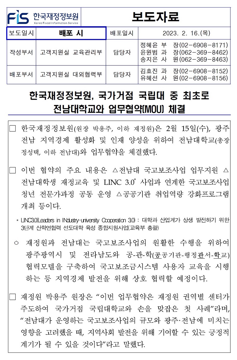 보도자료 배포일시
2023. 2. 16.(목)
작성부서 고객지원실 교육관리부
담당자
정혜윤 부 윤원범 과 송지은 사
장(02-6908-8171) 장(062-369-8462) 원(062-369-8463)
김효진 과
배포부서
고객지원실 대외협력부 담당자
유혜선 사
장(02-6908-8152) 원(02-6908-8156)
한국재정정보원, 국가거점 국립대 중 최초로
전남대학교와 업무협약(MOU) 체결
한국재정정보원(원장 박용주, 이하 재정원)은 2월 15일(수), 광주 전남 지역경제 활성화 및 인재 양성을 위하여 전남대학교(총장 정성택, 이하 전남대)와 업무협약을 체결했다.
이번 협약의 주요 내용은 △전남대 국고보조사업 업무지원 스 전남대학생 재정교육 및 LINC 3.0 사업과 연계한 국고보조사업 청년 전문가과정 공동 운영 △공공기관 취업역량 강화프로그램 개최 등이다.
* UNC3.0(Leaders in Industry university Cooperation 30) : 대학과 산업계가 상생 발전하기 위한 3단계 산학연협력 선도대학 육성 종합지원사업(교육부 총괄)
ᄋ 재정원과 전남대는 국고보조사업의 원활한 수행을 위하여 광주광역시 및 전라남도와 공관-학(공공기관-행정관서-학교) 협력모델을 구축하여 국고보조금시스템 사용자 교육을 시행 하는 등 지역경제 발전을 위해 상호 협력할 예정이다.
재정원 박용주 원장은 이번 업무협약은 재정원 권역별 센터가 주도하여 국가거점 국립대학교와 손을 맞잡은 첫 사례라며, 전남대가 운영하는 국고보조사업의 규모와 광주·전남에 미치는 영향을 고려했을 때, 지역사회 발전을 위해 기여할 수 있는 긍정적 계기가 될 수 있을 것이다라고 말했다.