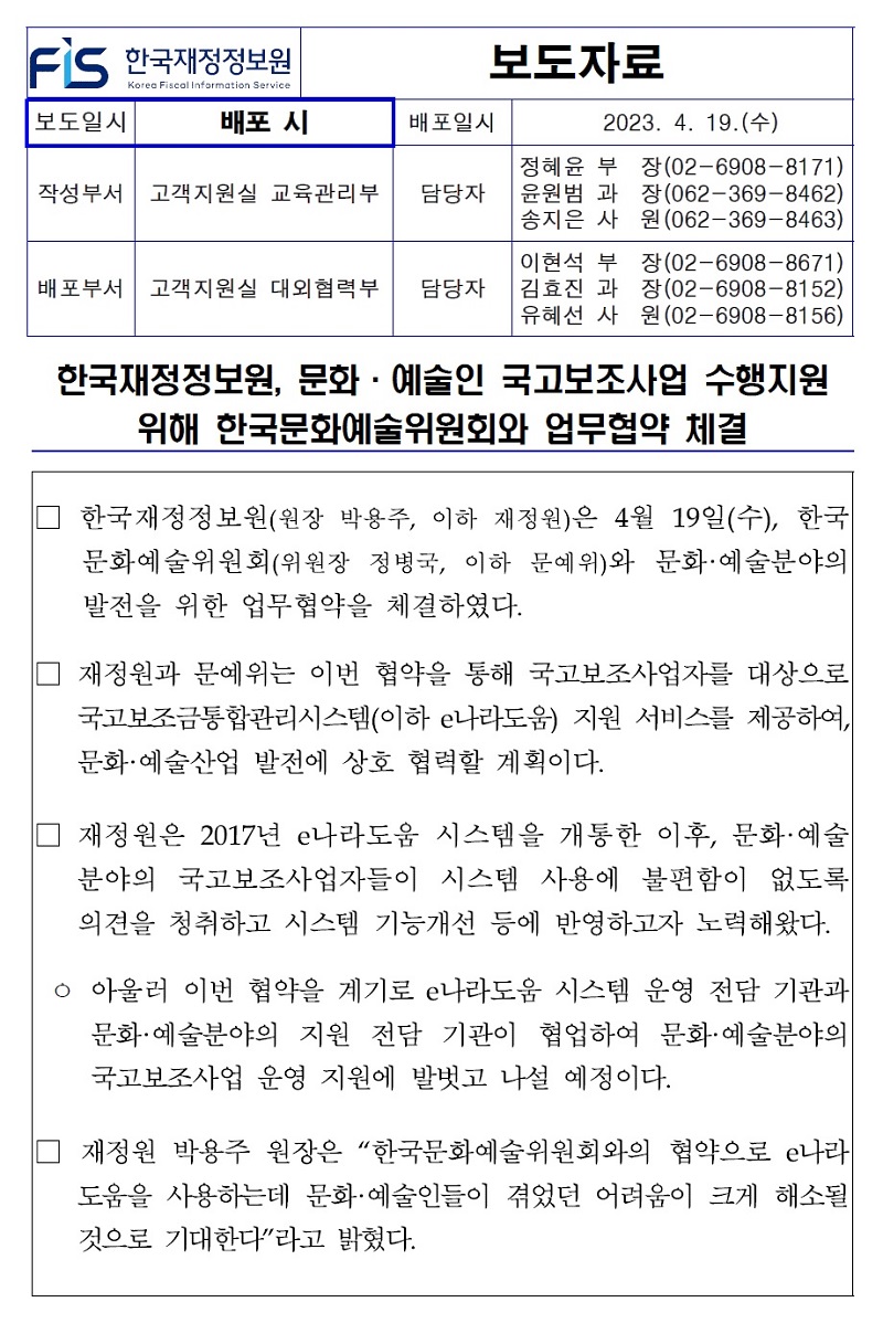 보도자료 배포일시
2023. 4. 19.(수)
작성부서 고객지원실 교육관리부
담당자
정혜윤 부장(02-6908-8171)
윤원범 과 장(062-369-8462) 
송지은 사 원(062-369-8463)
배포부서 | 고객지원실 대외협력부
담당자
이현석 부장(02-6908-8671) 김효진 과 장(02-6908-8152) 유혜선 사원 (02-6908-8156) 
한국재정정보원, 문화·예술인 국고보조사업 수행지원 위해 한국문화예술위원회와 업무협약 체결
한국재정정보원(원장 박용주, 이하 재정원)은 4월 19일(수), 한국 문화예술위원회(위원장 정병국, 이하 문예위)와 문화·예술분야의 발전을 위한 업무협약을 체결하였다.
재정원과 문예위는 이번 협약을 통해 국고보조사업자를 대상으로 국고보조금통합관리시스템(이하 e나라도움) 지원 서비스를 제공하여, 문화·예술산업 발전에 상호 협력할 계획이다.
재정원은 2017년 e나라도움 시스템을 개통한 이후, 문화·예술 분야의 국고보조사업자들이 시스템 사용에 불편함이 없도록 의견을 청취하고 시스템 기능개선 등에 반영하고자 노력해왔다.
아울러 이번 협약을 계기로 e나라도움 시스템 운영 전담 기관과 문화·예술분야의 지원 전담 기관이 협업하여 문화·예술분야의 국고보조사업 운영 지원에 발벗고 나설 예정이다.
재정원 박용주 원장은 한국문화예술위원회와의 협약으로 e나라 도움을 사용하는데 문화·예술인들이 겪었던 어려움이 크게 해소될 것으로 기대한다라고 밝혔다.